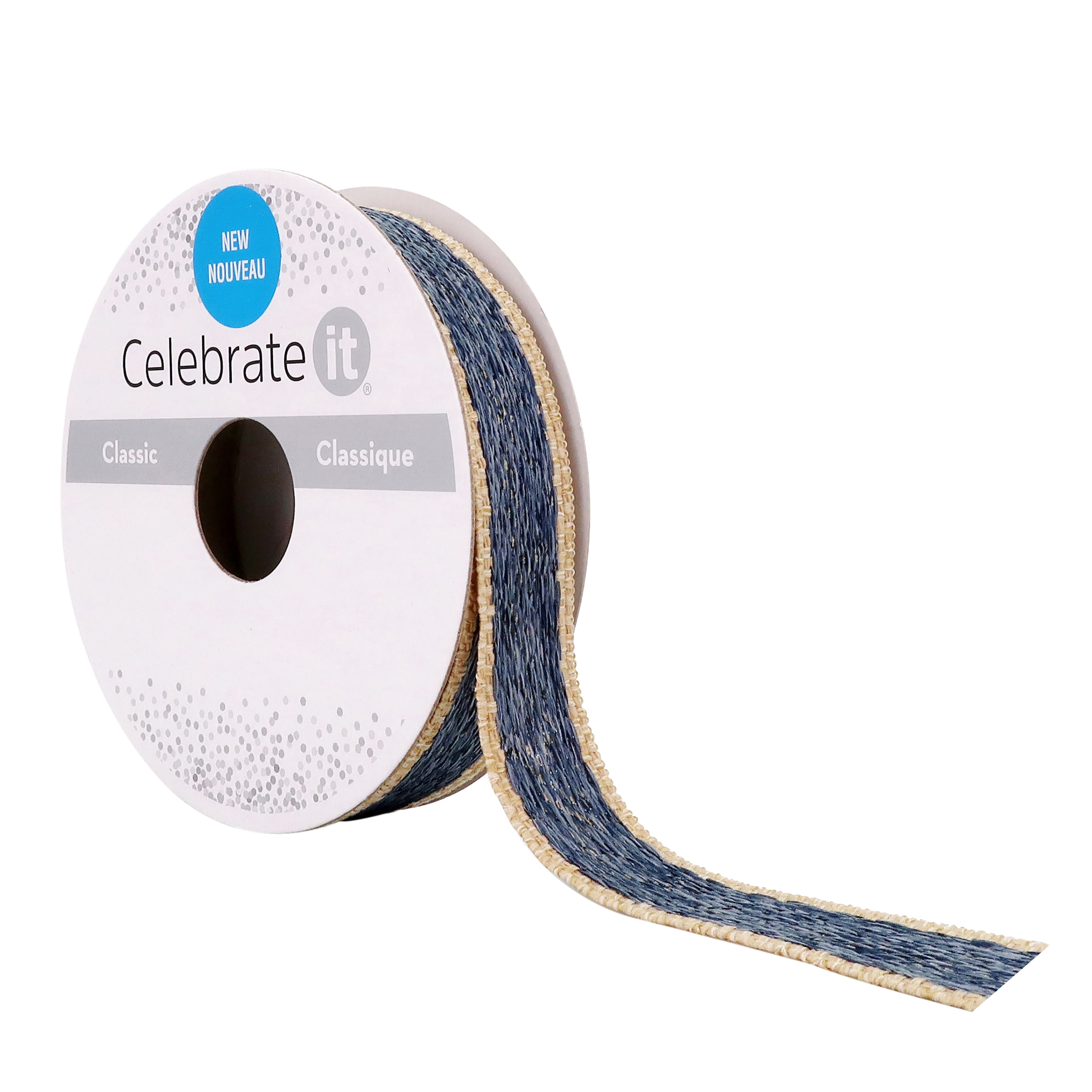 Celebrate It 5/8" x 3yd. Blue Contrast Edge Ribbon - Non-Wired with Woven Selvage, Polyester, Ideal for Gift Wrapping, Baskets & Special Occasions, 12 Pack