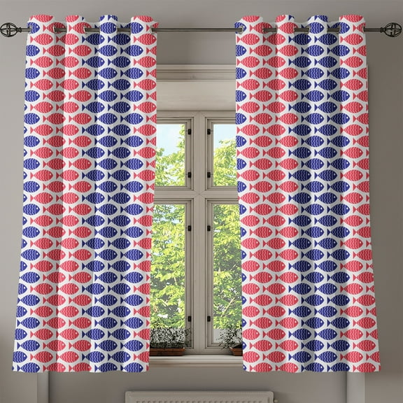 Ambesonne Fish Grommet Curtain, Nautical Fish Theme Design, 50" x 54", Red and Navy Blue