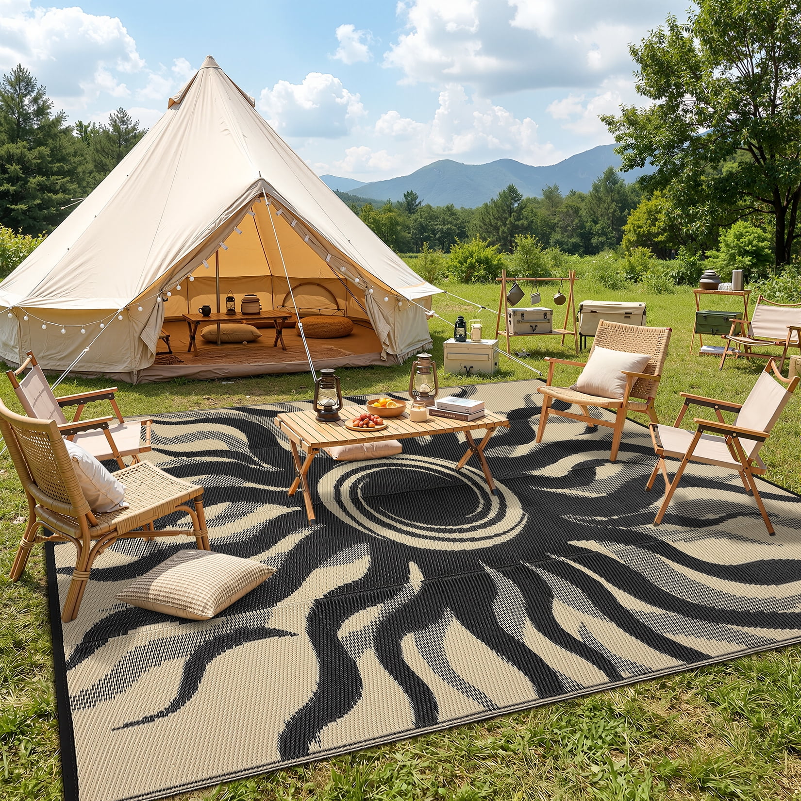 Garvee 9x12ft Outdoor Rug Waterproof Reversible Plastic Straw Rug, Modern Boho Sun Pattern Rug, Large RV Camping Mat Portable Outdoor Carpet for Patio, Balcony, Picnic, Beach, Deck, Black/Coffee