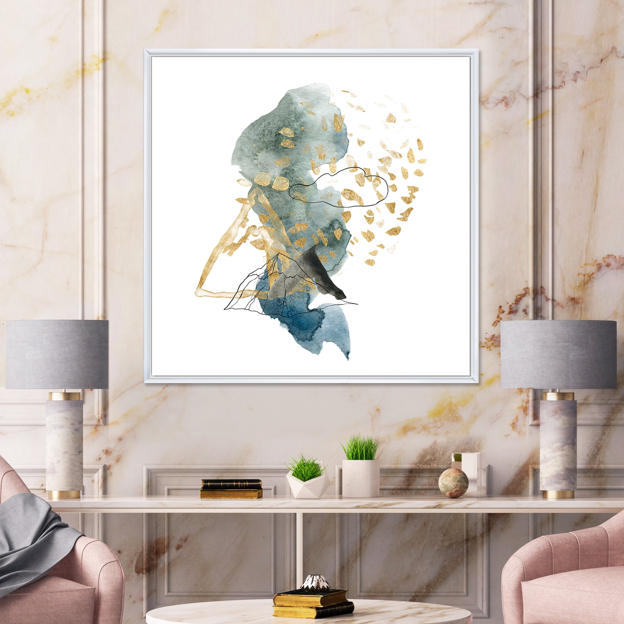 Gold Strokes and Landscape of Dark Blue Mountains I 16 in x 16 in Framed Painting Canvas Art Print, by Designart