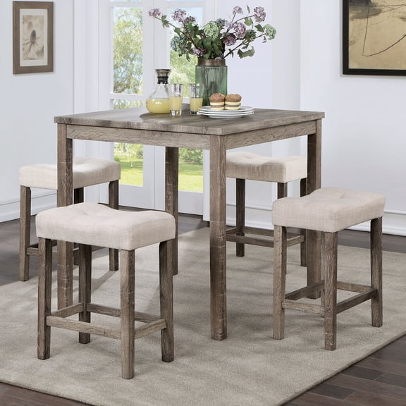 CoSoTower Transitional 5pc Counter Height Dining Set Gray Counter Ht. Table and 4X Stools Linen-Like Beige Cushion Seat Dining Room