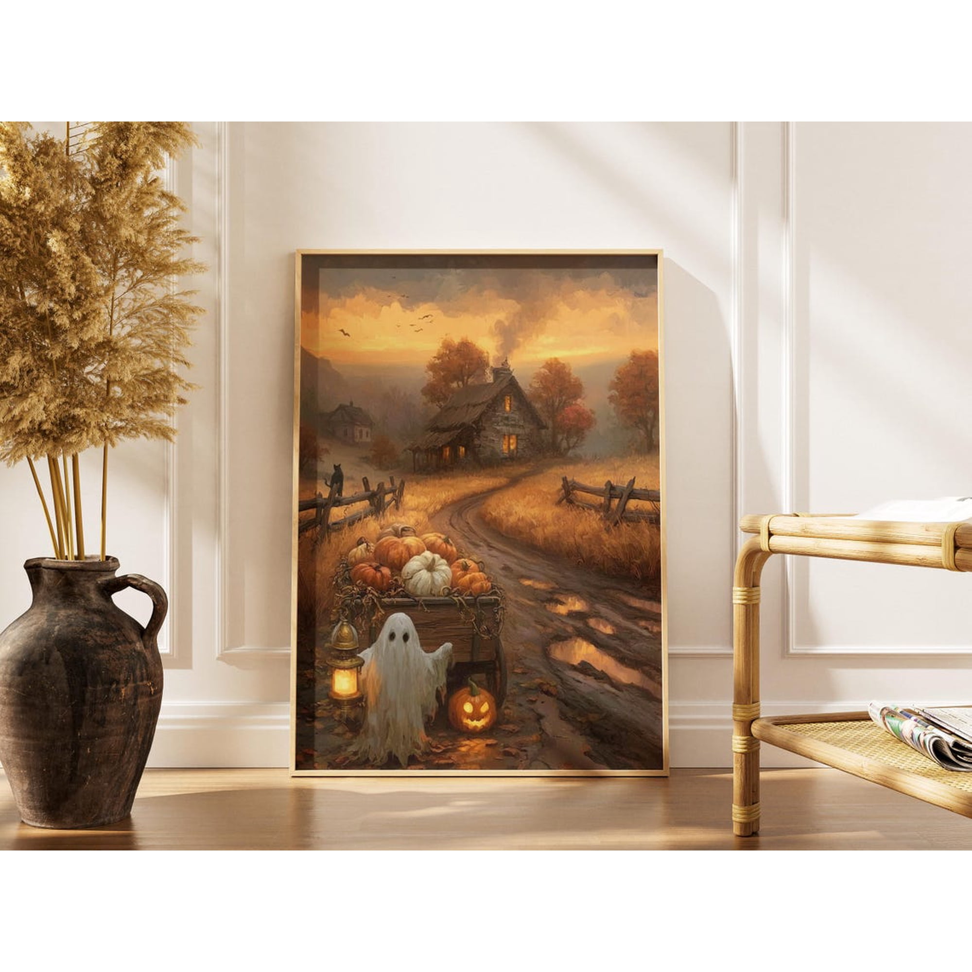 Halloween Ghost Wagon Wall Art Print Autumn Farmhouse Room Decor