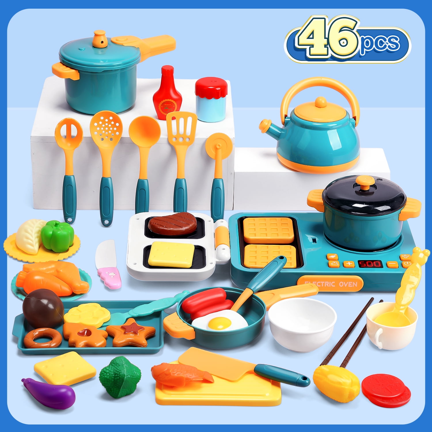 JoyStone 46Pcs Kids Pretend Play Kitchen Accessories Playset with Light and Sound, Play Pots and Pans, Utensils Cooking Toys, Play Kitchen Toys for Girls Boys, Green