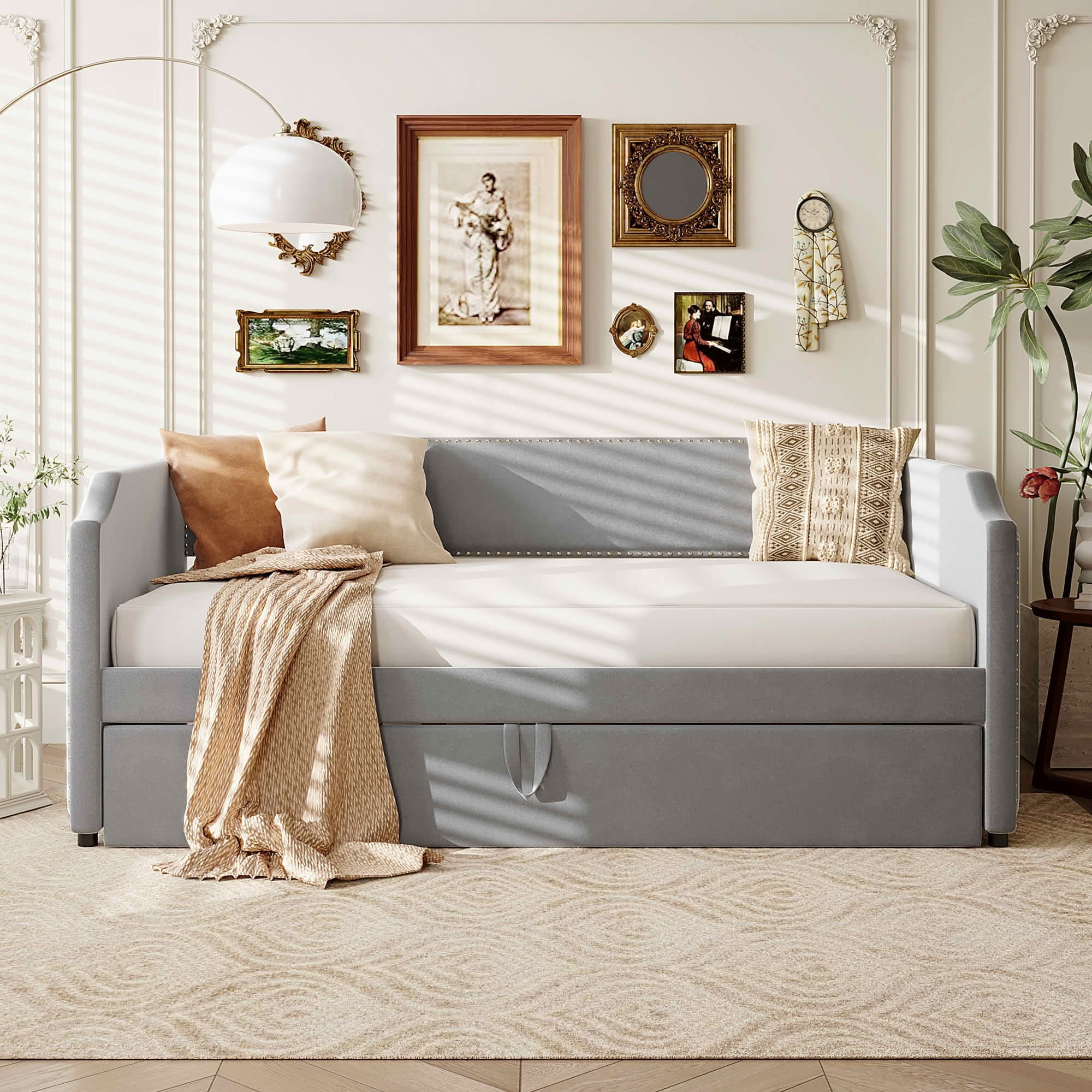 MAYEERTY 2-in-1 Velvet Upholstered Daybed with Pop-Up Trundle, Twin Size Space-Saving Guest Bed