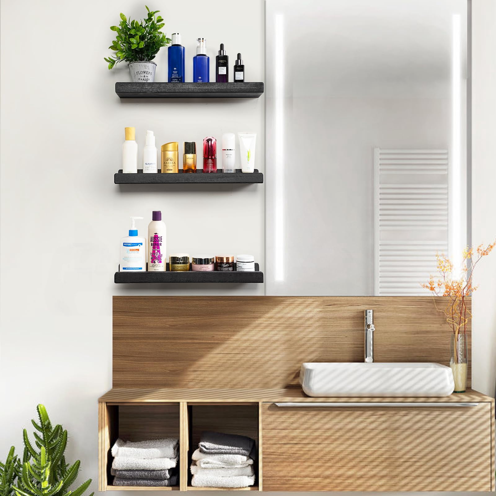 Sfugno Floating Ledge Shelves Rustic Wood Wall Shelf Set of 3 for Storage and Display 16.9 inch Vintage,Black