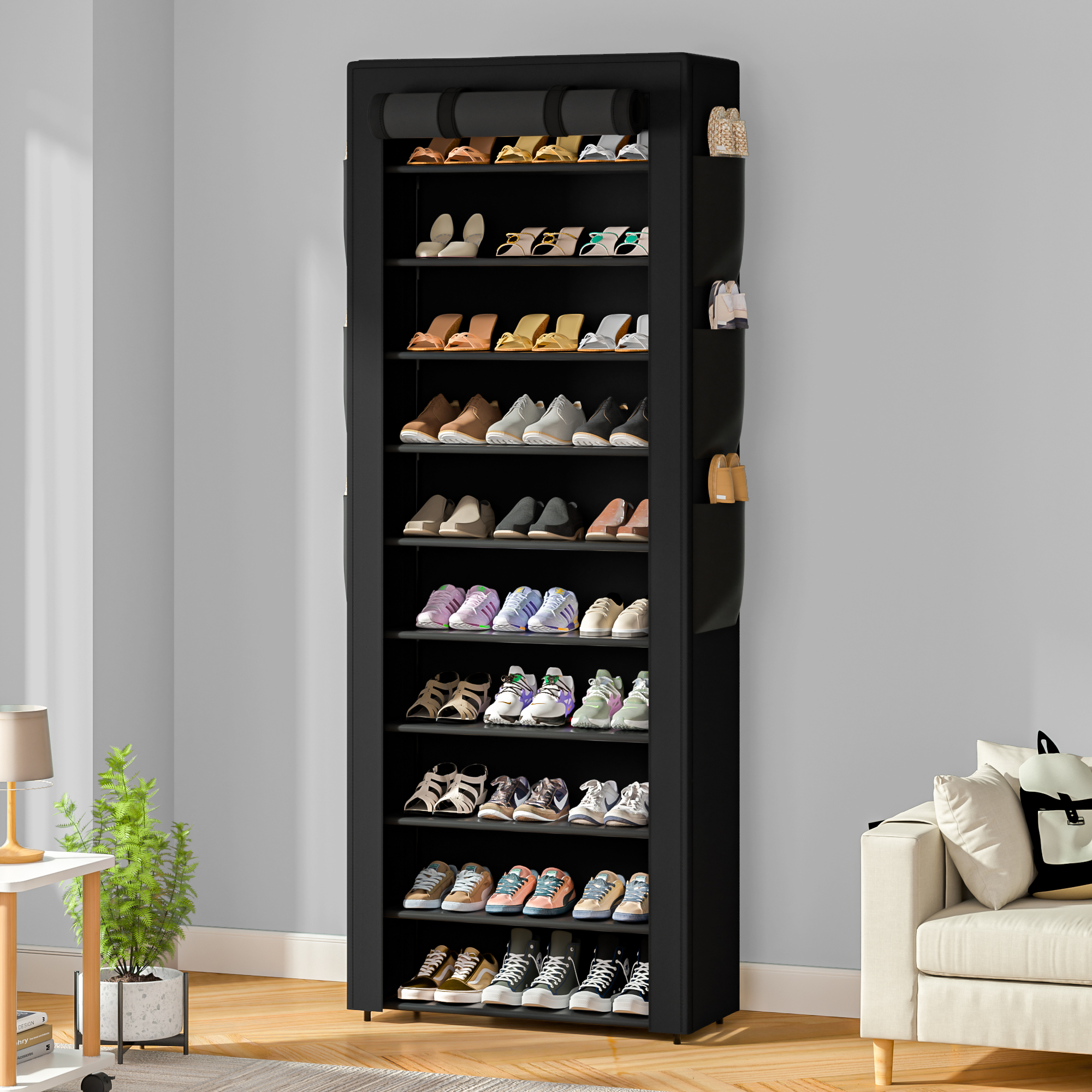 10 Tier Large Dustproof Shoe Cabinet, Tall Shoe Storage Rack with Fabric Cover, Large Capacity Save Space Shoe Shelf for Entryway Closet with pockets