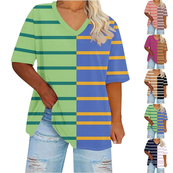 Olyvenn Stylish Fashion Striped Shirts for Women Plus Size Summer Tops Casual V Neck Blouses Oversized Shirt Color Block Graphic Tees Green XXXL
