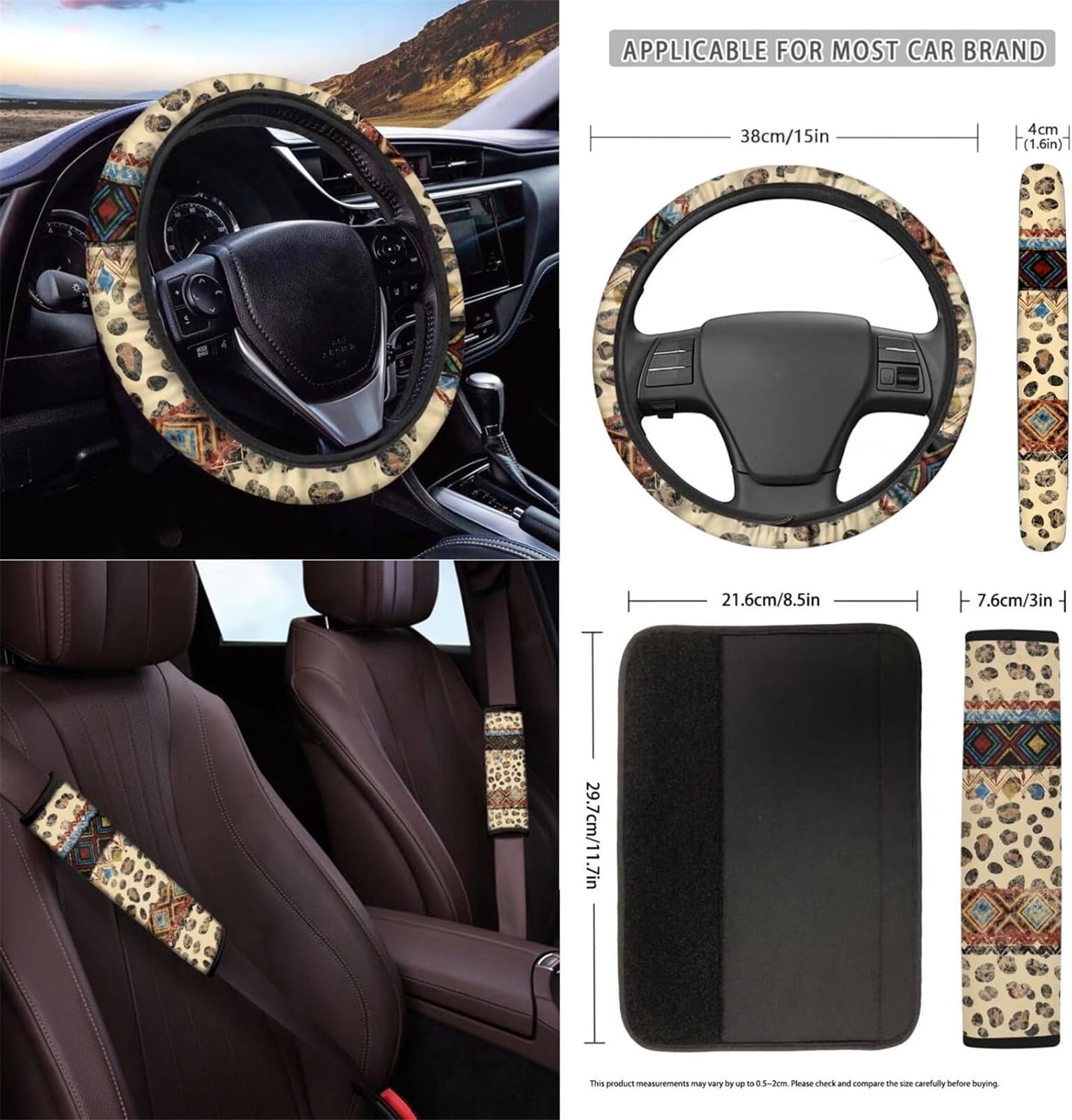 Yuyamidu 12pcs Leopard Print Front Car Seat Cover Set Aztec Ethnic Steering Wheel Cover Seatbelt Pad Armrest Pad Coasters Garbage Can Rear View Mirror Cover Keychain Air Vent Bag Universal Fit