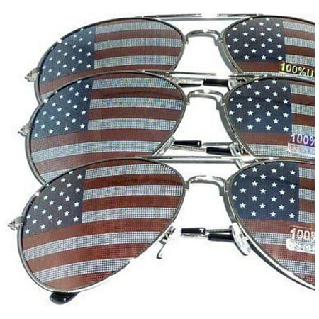 3 PAIRS of Silver Frame US Aviator USA American Flag Print Sunglasses United States stars