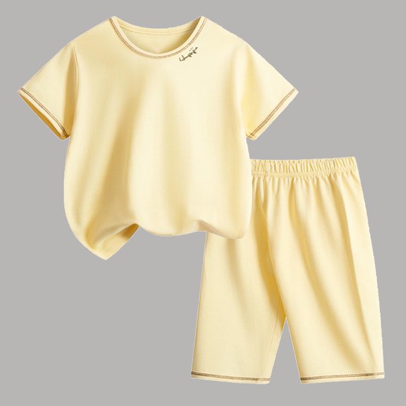 Amidoa Boys Summer 2 Piece Outfits Cotton Solid Color Short Sleeve and Casual Short Kids Clothing Set Yellow Size 8