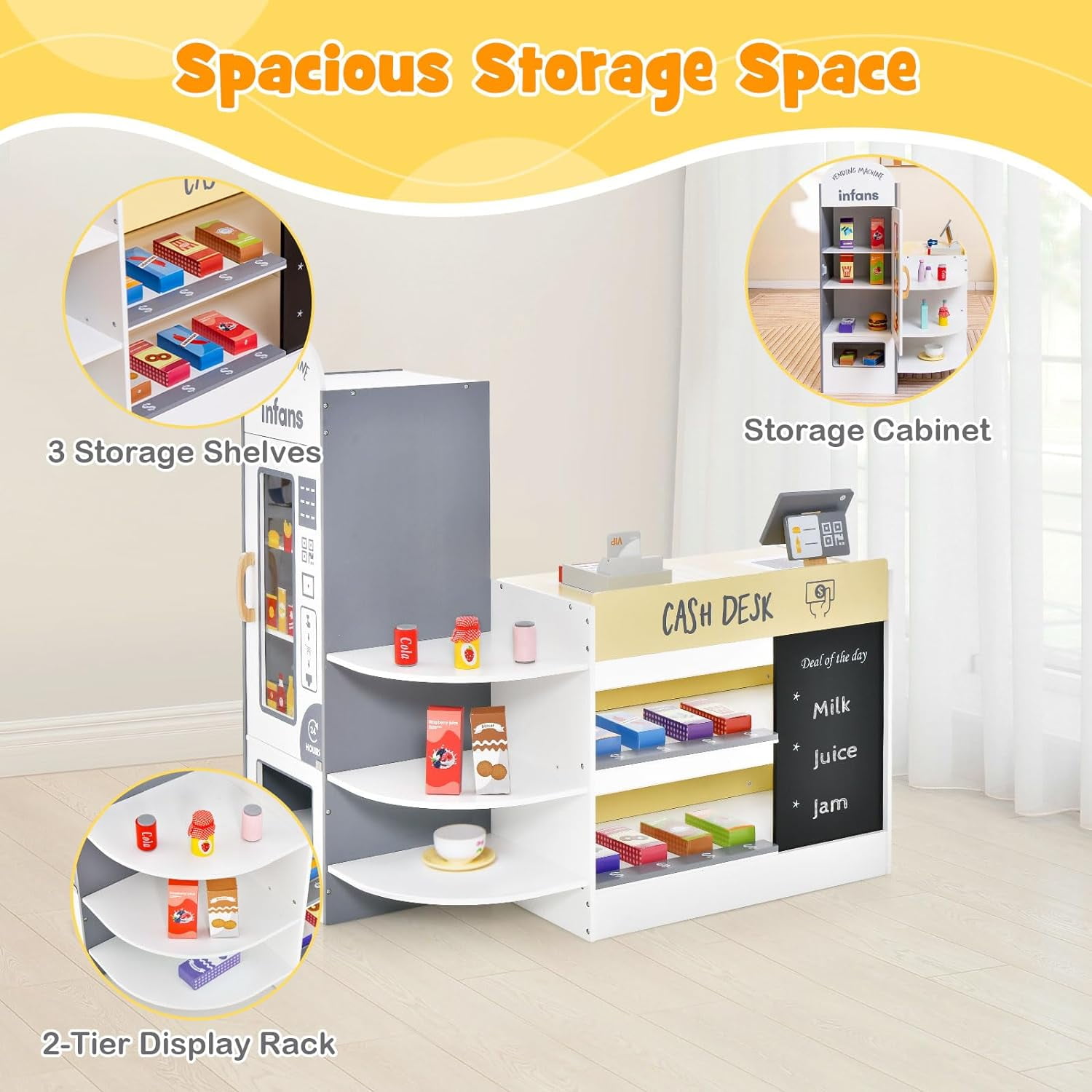 OLAKIDS Kids Grocery Store Playset, Wooden Supermarket Toy Set with Cash Register, Vending Machine, Play Food Accessories, Blackboard, Pretend Play Store Gift for Toddler Boys Girls (Grey)