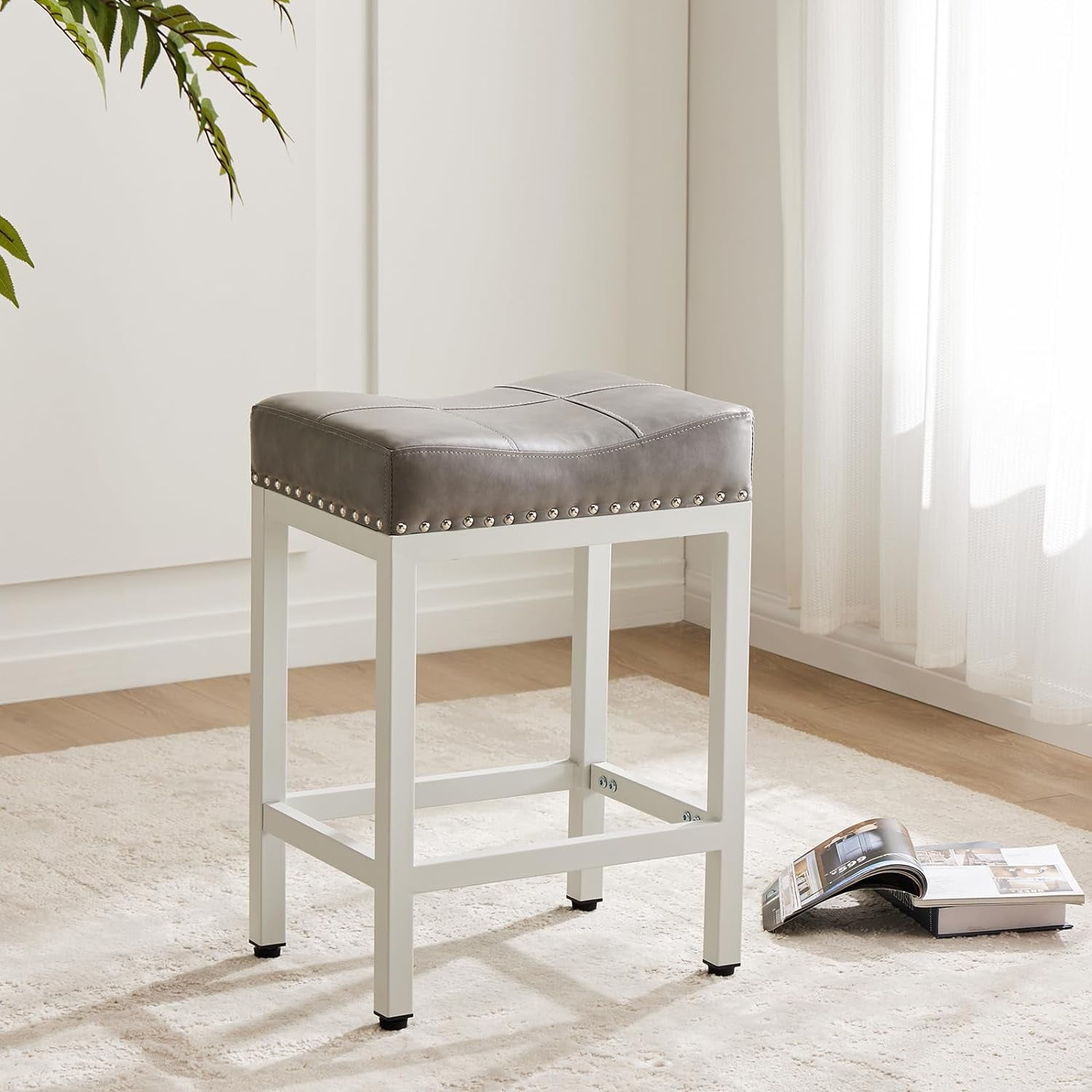 24" Backless Bar Stools, Set of 4 Counter Height Bar Stools, Leather Saddle Counter Stool, Gray
