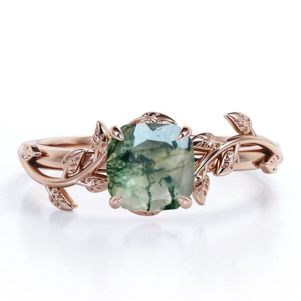 JeenMata Anillo de Compromiso Inspirado en la Naturaleza de Ágata Verde Musgo Transparente Natural de Talla Cojín de 1 Quilate - Engaste de 4 Puntas - Baño de Oro Rosa de 18 K sobre Plata