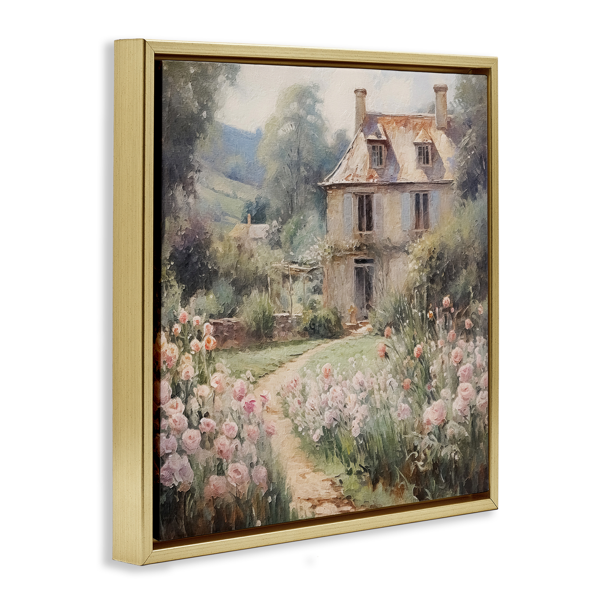 Stupell Industries French Garden Cottage Landscape Painting Gold Floater Framed Canvas Art Print Wall Art, 18 x 18