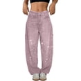 thumbnail image 3 of Women's High Waisted Baggy Jeans, Rhinestone Straight Leg Denim Pants, Loose Fit Casual Jeans for Streetwear, Daily Outfits and Fashion Pink M, 3 of 6