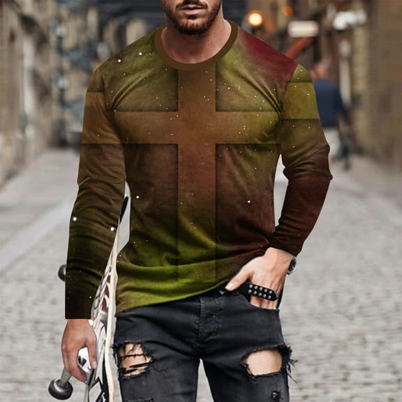 Cross Printed Tops Mens Funny 3D Print Tees Shirts Long Sleeve Shirt for Men Causal Crew Neck Top Workout Athletics Tee Top