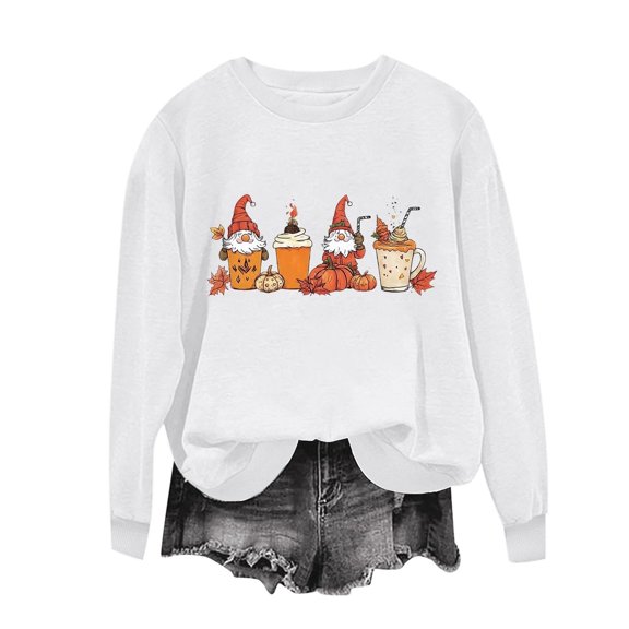 JOANKDMI Women's Fall Graphic Pullover Sweatshirt Cute Autumn Gnome Coffee Latte Print Crewneck Drop Shoulder Long Sleeve Casual Thanksgiving Holiday Lounge Tops