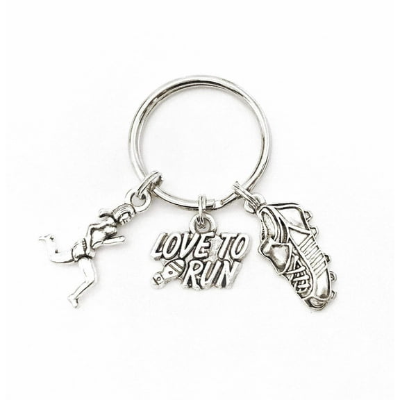 Runner themed keychain. Includes Running Figurine, Running Sneaker, and I Love to Run Charms. Athlete Runner gift.