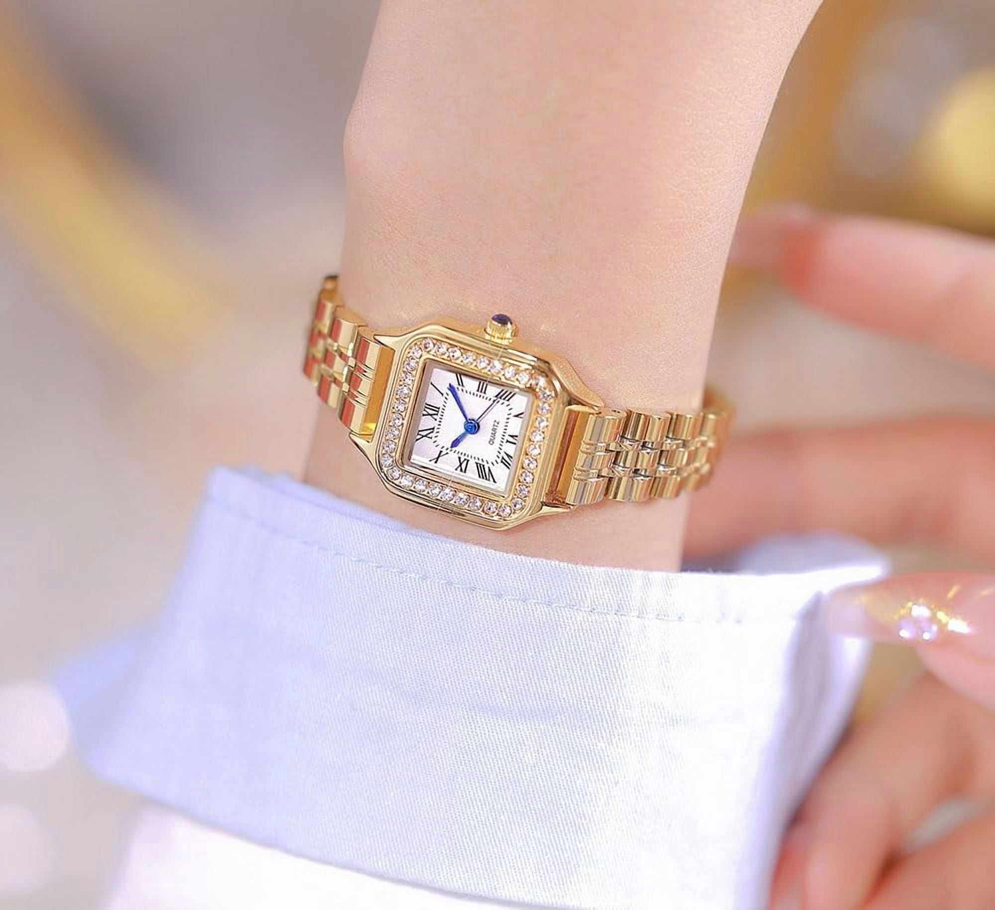 Gold Watches for Women Dainty Square Vintage Watches Luxury Ladies Diamond Accent Dress Stainless Steel Bracelet Watch Analog Quartz Waterproof Watch