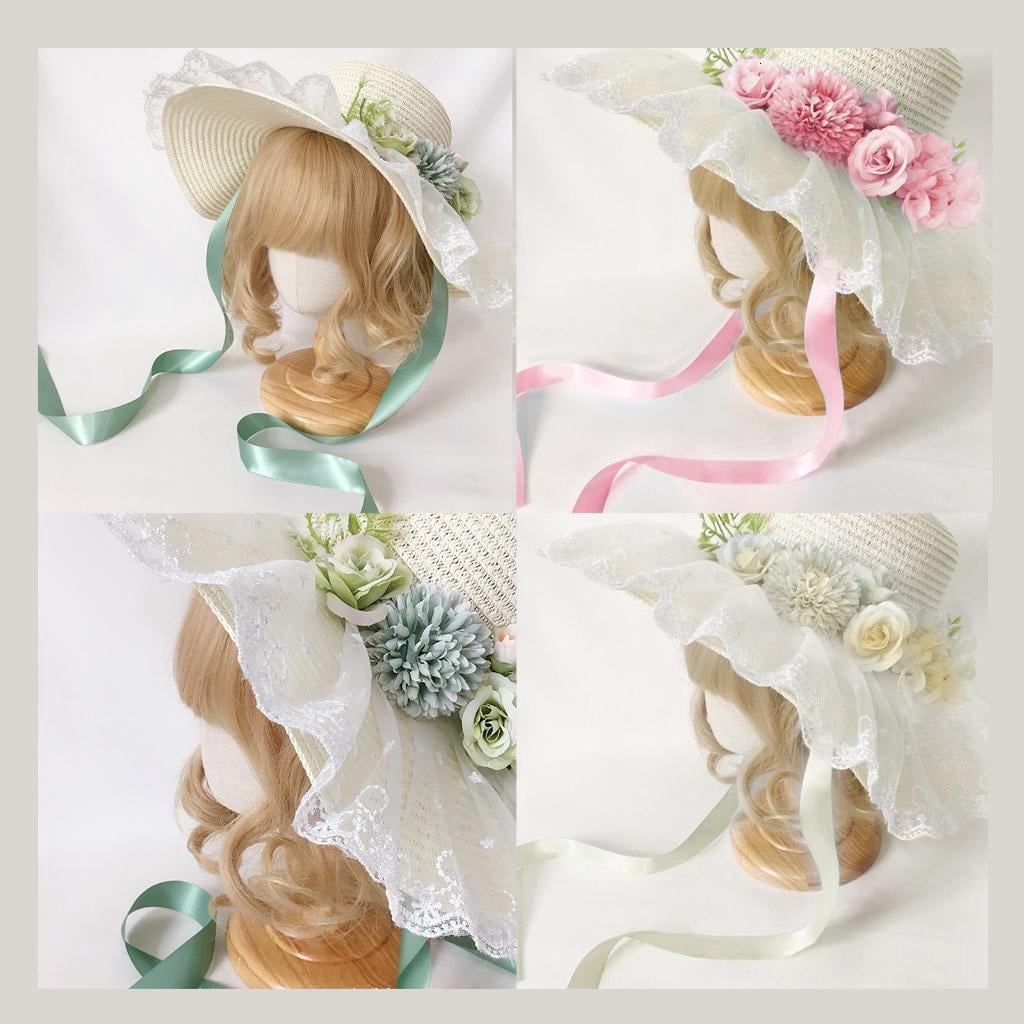 Flower Bonnet Hat Sun Protective Hat for Girl French Handwoven Straw Hat Lace Hat Vintage Panama Hat