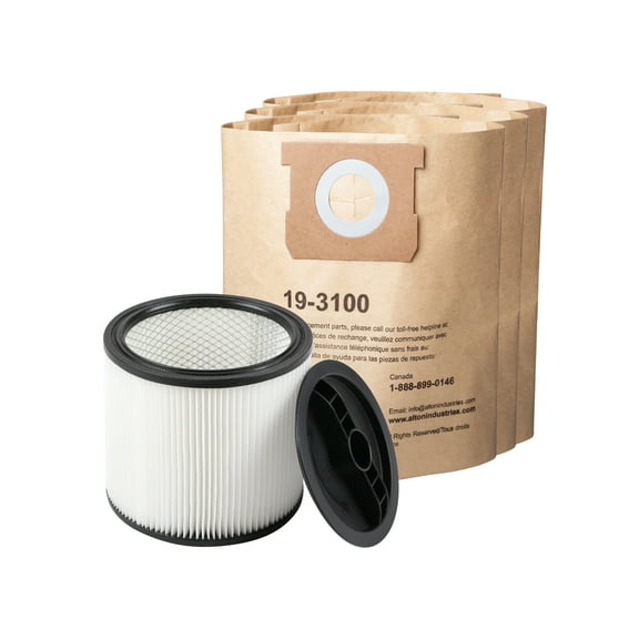 Stanley 5-8 Gallon Disposable Filter Bag for Wet/Dry Vacuums with Stanley Reusable and Washable Cartridge Filter with Cap Combo Pack