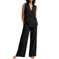 thumbnail image 5 of Enjoytime Travel Outfits for Women Collared V-Neck Sleeveless Beach Vacation 2 Piece Sets Wide Leg Pants Matching Set, 5 of 8