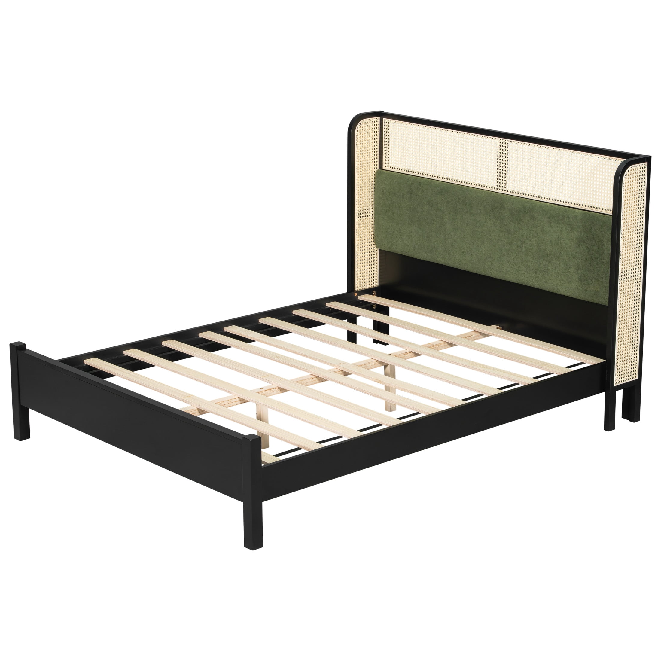Christopher Knight Home Queen Size Bed Frame with Rattan Headboard, Contemporary Style, Green+Black