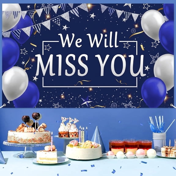 Farewell Party Decorations - We Will Miss You Banner Blue Silver Going Away Backdrop for Coworker Leaving Job Change Retirement Goodbye Anniversary