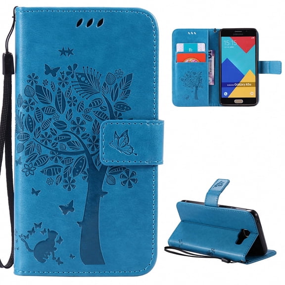 Galaxy A5 2016 Case, Samsung Galaxy A5 Case, Allytech [Embossed Cat & Tree] Slim PU Leather Case Full Body Protective Flip Kickstand Cover with Wrist Strap for Samsung Galaxy A5 2016 Version, Blue