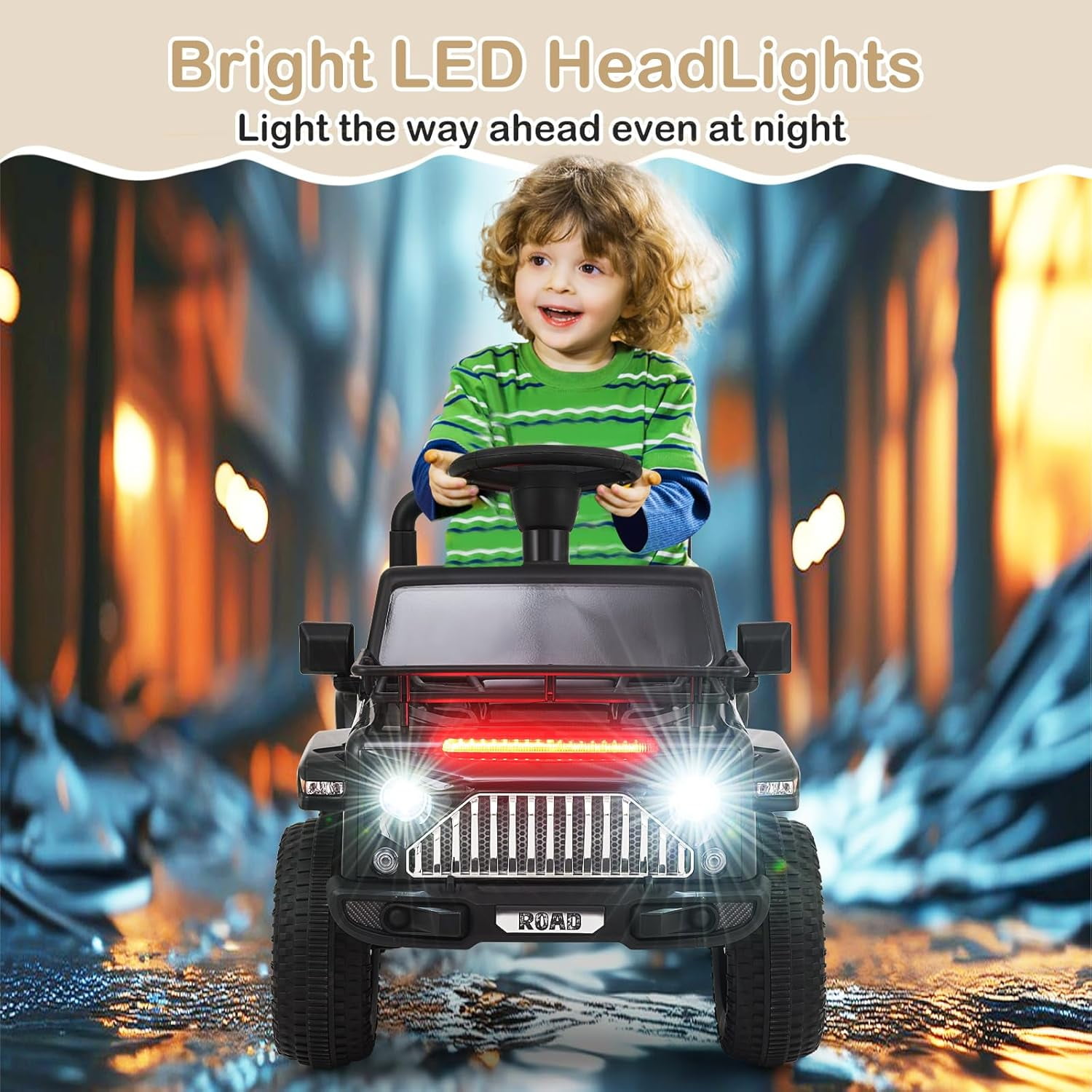 OLAKIDS Kids Ride on Car, 6V Battery Powered Electric Vehicle ATV for Toddlers with Foot Pedal, Music, Horn, Radio, Rear Storage, LED Lights, USB, 4 Wheels Toys for Boys Girls Aged 3-8 Years