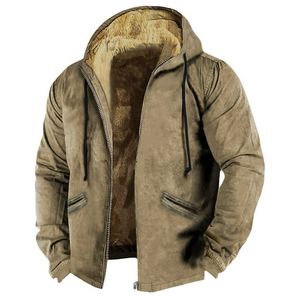 Susanny Sherpa Denim Jacket Men Western Flannel Sherpa Fleece Lined Distressed Winter Pockets Denim Jacket Hooded Zip Up Clearance Military Casual Biker Big and Tall Coat Khaki XL