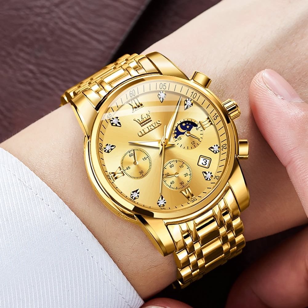 OLEVS Watches for Men, Mens Watches Gifts for Men Chronograph Analog Quartz Luxury Casual Classic Diamond Waterproof Luminous Gold Stainless Steel Reloj para Hombre