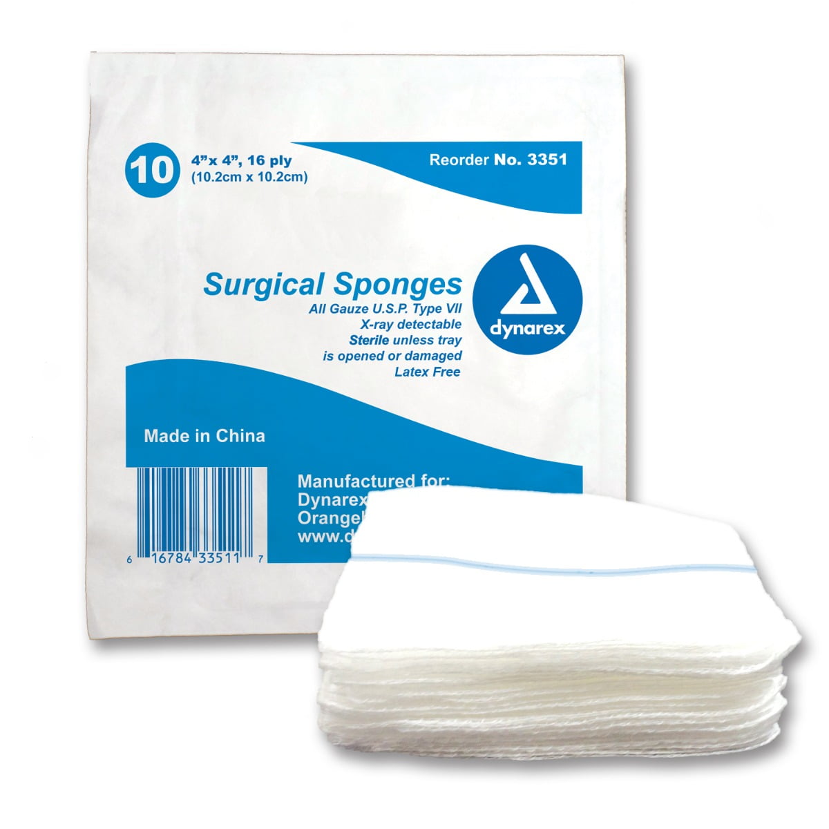 Dynarex X Ray Detectable Sterile Surgical Gauze Sponges 4" x 4" 16 Ply, 10 per tray Each