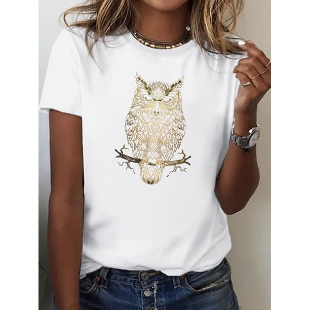Camiseta de cuello redondo con estampado de búho, camiseta informal de manga corta para primavera y verano, ideal para mujeres adultas, hombres, mujeres, adolescentes, jóvenes y para el tiempo libre.