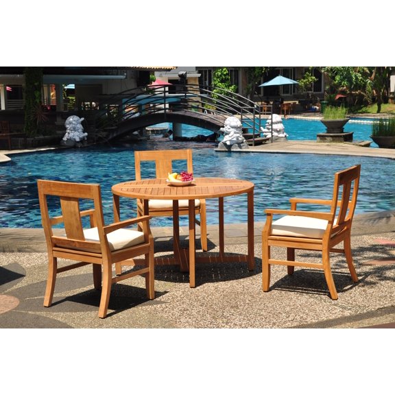 Grade-A Teak Dining Set: 3 Seater 4 Pc: 48" Round Butterfly Table And 3 Osborne Arm Chairs Outdoor Patio WholesaleTeak #WMDSWVm