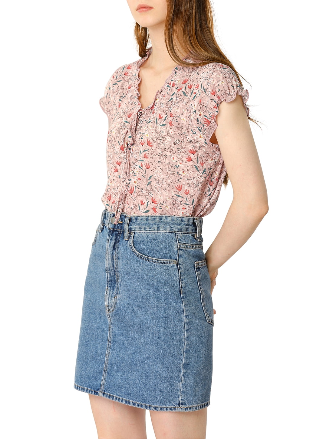 DARING DIVA Women's Ruffle V Neck Cap Sleeve Chiffon Floral Blouse Top M Pink
