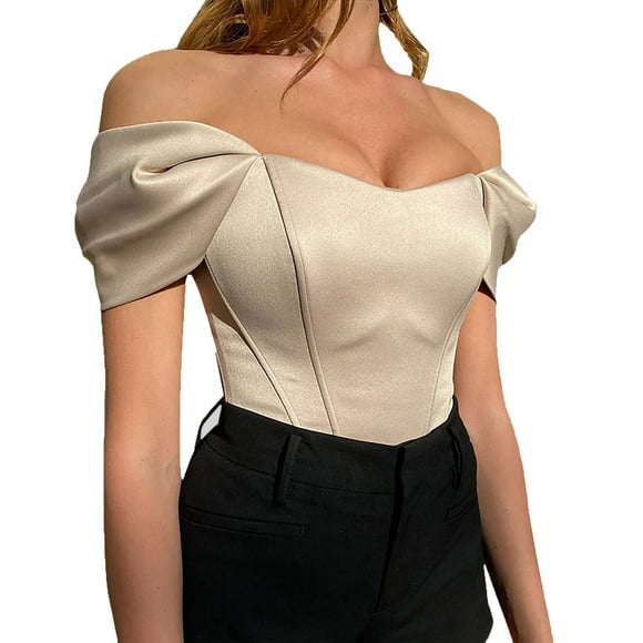 Women Fashion Clothes Fashion Sexy Women Solid Slim Backless Short Sleeve Strapless Tube Top Blouse