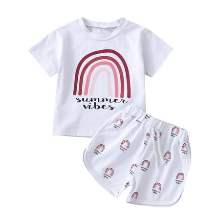 

aturustex Toddler Baby Boy Summer Outfits Rainbow Printed T-Shirt Tops Elastic Waist Short Pants Causal Clothes (White 6 Months-4 Years)