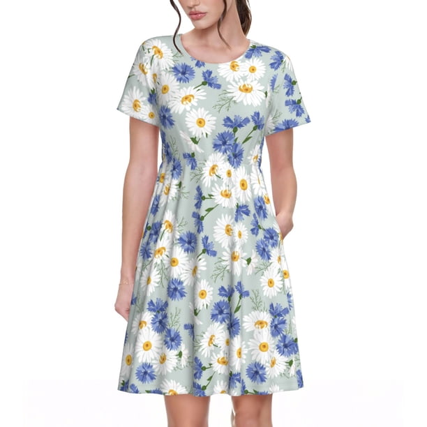 Easygdp Daisies Flowers para Vestido Transpirable de Mujer, Vestido Suelto de Manga Corta con Pliegues y Bolsillos para el Verano