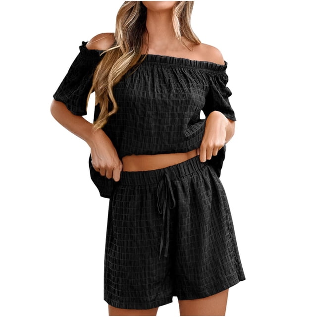 Women's Boho Two Piece Outfit Short Sleeve Ruffle Off Shoulder Top and Drawstring Shorts Beach Holiday Set Loungewear