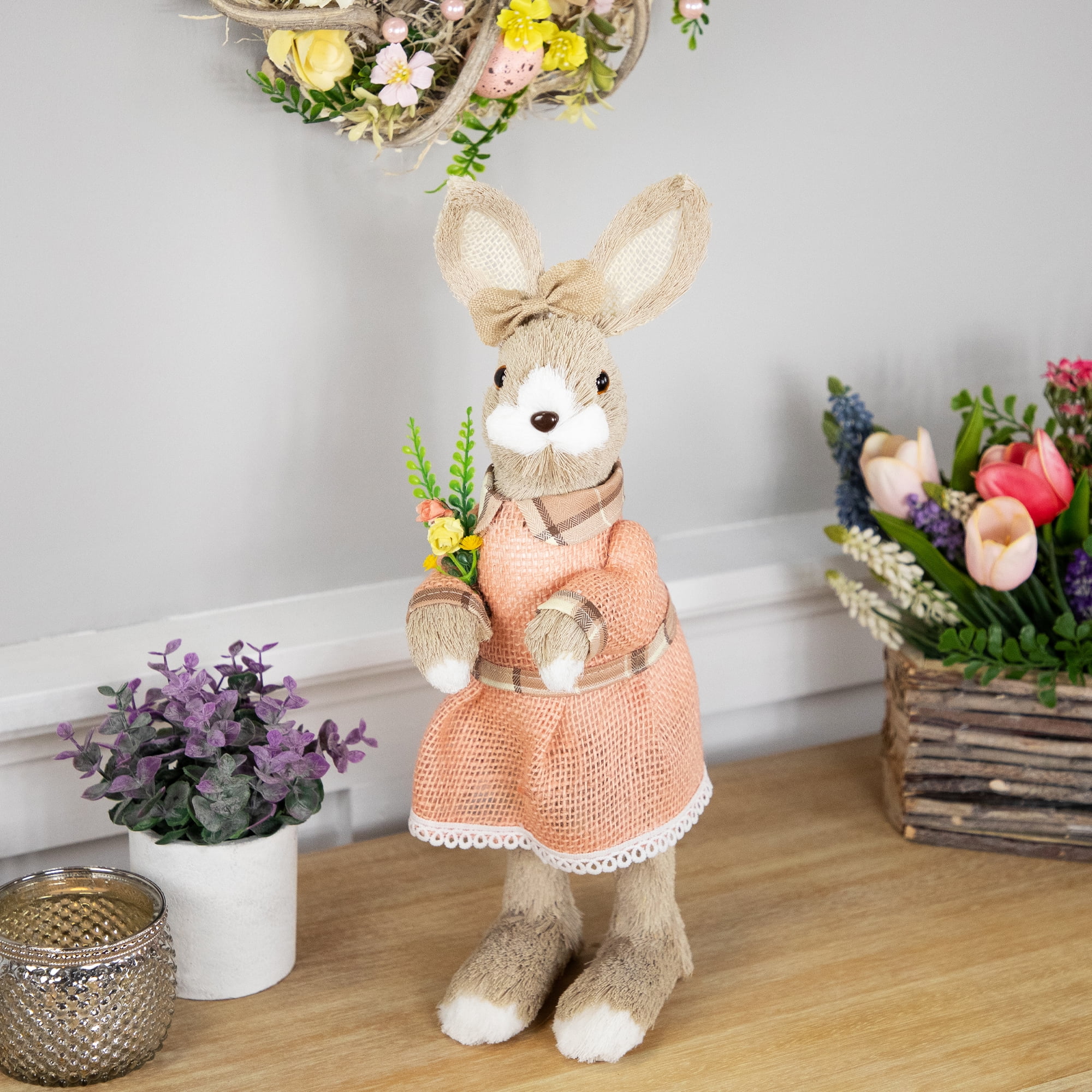 Northlight Rustic Girl Rabbit Easter Figure with Flowers - 15.25" - Beige