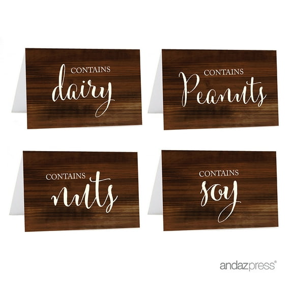 Diary, Peanuts, Nuts, Soy Brown Food Station Buffet Menu Place Cards, Rustic Wood, 20-Pack