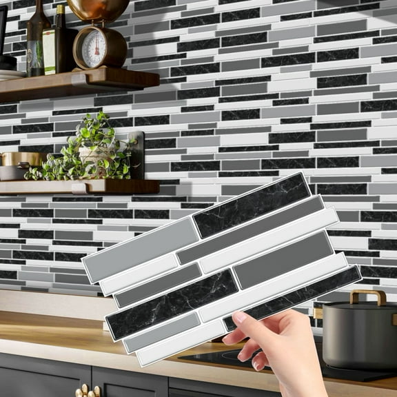 12Pcs Self Adhesive Marbling DIY Tile Stickers 9.68 x 4.72inch Black Gray Mosaic Wall Decals Vinyl Waterproof Peel and Stick Backsplash