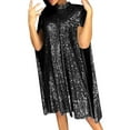 thumbnail image 3 of Womens Wedding Guest Dresses Short Sleeve Summer Cloak Style Solid Color Waist High Neck Sequin Dress Black XL, 3 of 7