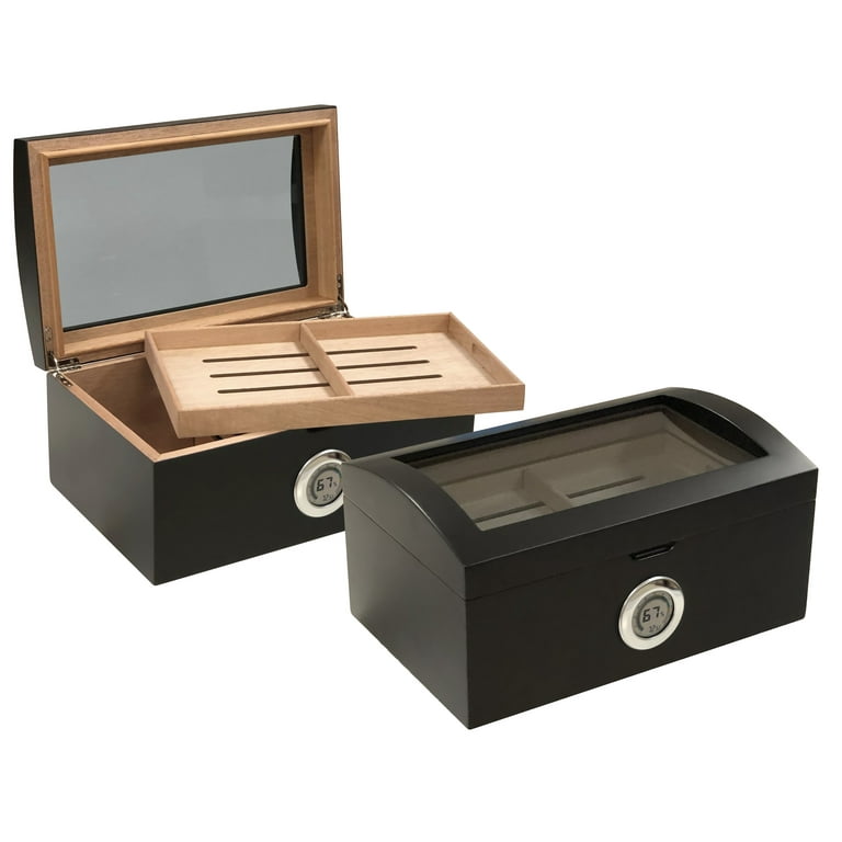 Portofino Dome Style Tinted Glass Cigar Humidor - Smooth Matte Black Finish - Capacity: 120