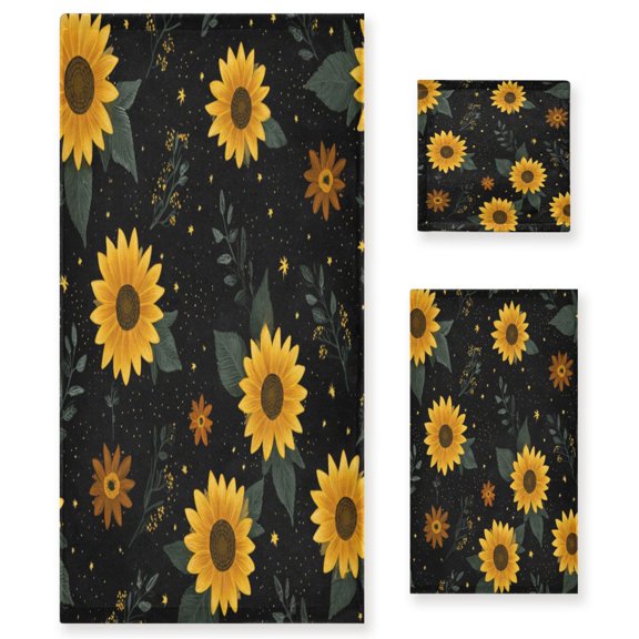 3 Piece Bath Towels Set Bath Towel, Hand Towel and Face Towel for Bathroom, Gym, Hotel Yellow Sunflower Pattern