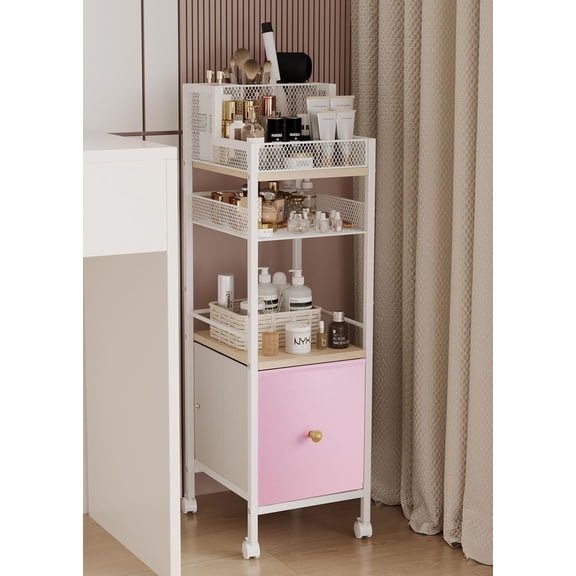 Floor Makeup Organizer Cart, Narrow Floor Skincare Organizers and Storage with Drawers, Bathroom Vanity Organizer Cosmetics Display Cases Holder for Skin Care Nail Polish Perfume Makeup Brush (White)
