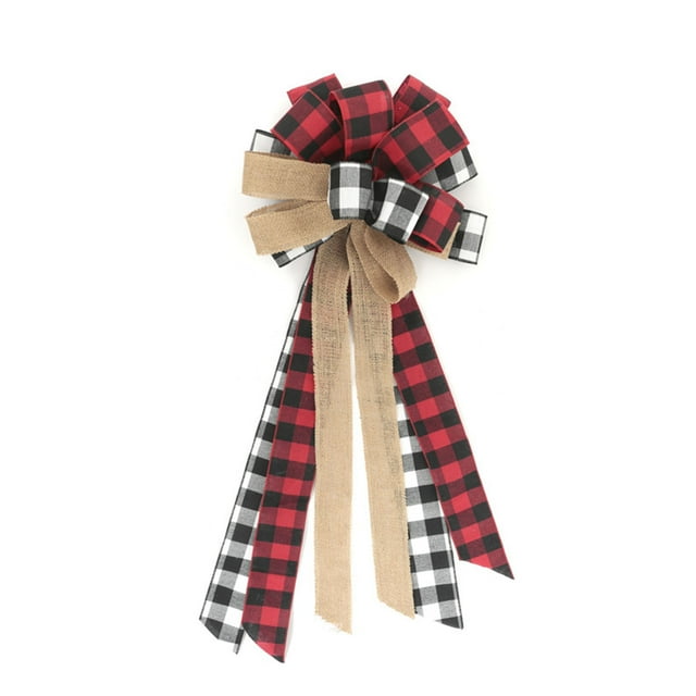 Christmas Tree Tops Bow Red Buffalo Plaid Burlap Decoration Cloth LED Polyester Xmas Hanging Gift Decorative Ribbon