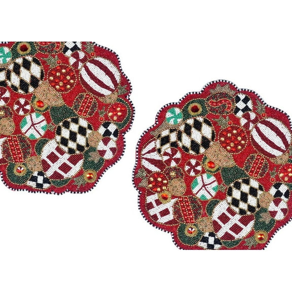 Handmade Beaded Placemats, Set of 2 Christmas Ornamental Tablemats, Designer Charger Plate 13X13 Inch