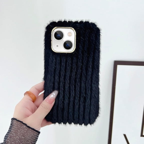 Compatible with iPhone 15 Plus Plush Case Stripe Pattern Fluffy Fuzzy Furry Warm Plush Phone Case Girly Women Girls Smooth Cozy Winter Soft TPU Warm Hair Fur Shockproof Phone Cover, Black